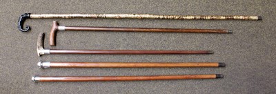 Lot 205 - Five Walking Sticks/Canes, including malaca...