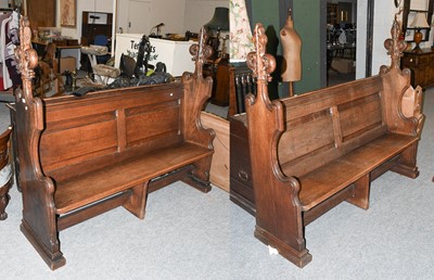 Lot 1383 - A Pair of Carved Oak Pews, the ends with...