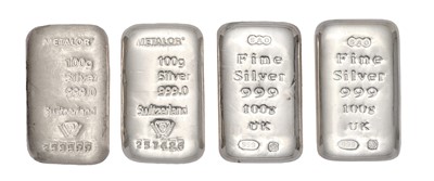 Lot 163 - 4x 100g Fine Silver Bars, 2x SAO Sheffield...