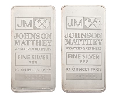 Lot 164 - 2x 10oz Fine Silver Bars, Johnson Matthey .999,...