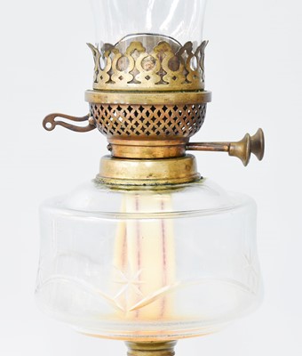 Lot 90 - A Brass Hanging Oil Lamp, an oil lamp with...