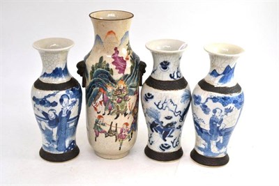 Lot 2 - A set of three Chinese crackle glaze vases and a Chinese enamelled vase