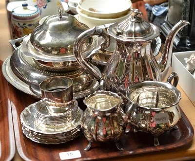 Lot 15 - A three piece plated tea service, ivory handled plated ladle, tureen and cover etc