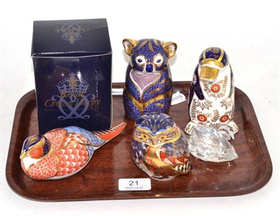 Lot 21 - Four Royal Crown Derby paperweights - Platypus, Barn Owl, Pheasant and Koala Bear; and a...