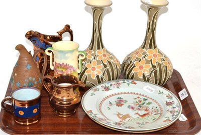 Lot 24 - A tray of ceramics including a pair of Foley ";Urbato"; vases, two Chinese famille rose plates...