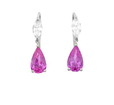 Lot 2267 - A Pair of Pink Sapphire and Diamond Earrings...