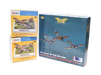 Lot 3439 - Corgi Aviation Archive 1:72 Scale AA99189 70 Years Of The Spitfire 3 Piece Set