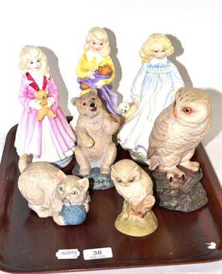 Lot 38 - Three Royal Doulton figures - Faith, Hope and Charity, four John Aynsley bisque figures - Snowy...