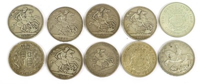 Lot 47 - 10x UK Silver Crowns, to include; George III,...