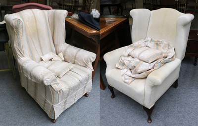 Lot 1154 - A Pair of Mahogany Framed Wing Back Armchairs,...