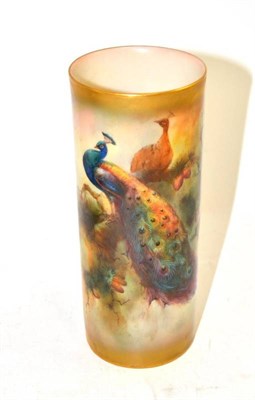 Lot 71 - A Royal Worcester porcelain beaker vase painted with peacocks perched in fir branches by Sedgley