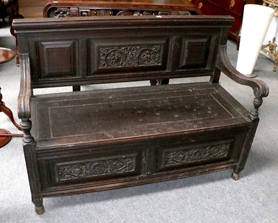 Lot 1194 - A Late Victorian Oak Boxed Settle, moulded and...