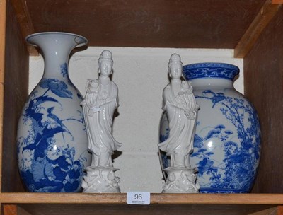 Lot 96 - Two decorative Japanese Arita vases, signed to base; and two blanc de chine figures of Guanyin