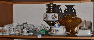 Lot 97 - Commemorative mugs, model cars, brass and plate, etc (on two shelves)