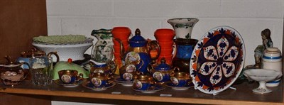 Lot 98 - Shelf of decorative ceramics including a Crown Derby Imari plate, Continental blue and gilt tea...