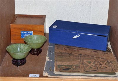 Lot 99 - A pair of jade bowls on stands, cased; an early Japanese woodblock print; a copy of Pao Hui Chi...