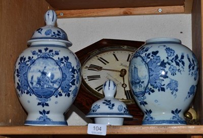 Lot 104 - Wall clock and pair of Delft vases (a.f.)