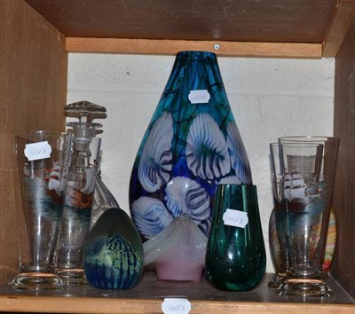 Lot 106 - Decorative glass including Murano type vase, mallet decanter and stopper, paperweights, etc