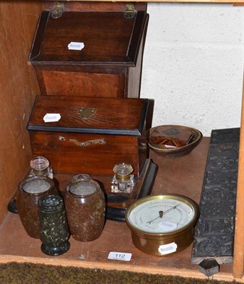 Lot 112 - An oak candle box; an oak desk standish; a brass aneroid barometer; a printing block; three...