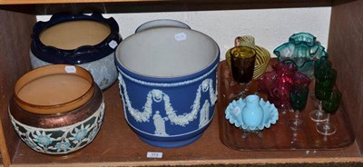 Lot 113 - A Wedgwood large blue jasper dip jardiniere; a Wedgwood blue and white pottery cache pot; a Doulton