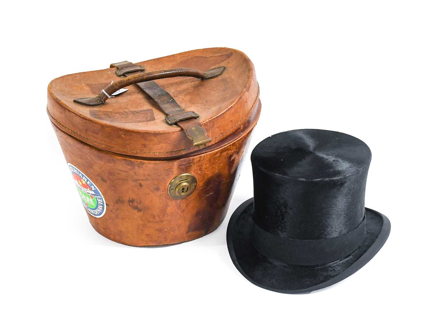 Lot 2162 - Black Silk Top Hat in Fitted Leather Hat Case...