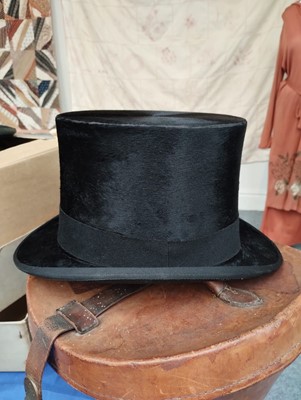 Lot 2162 - Black Silk Top Hat in Fitted Leather Hat Case...