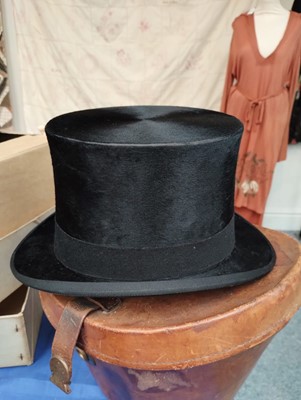 Lot 2162 - Black Silk Top Hat in Fitted Leather Hat Case...