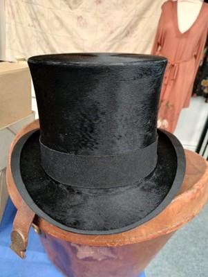 Lot 2162 - Black Silk Top Hat in Fitted Leather Hat Case...