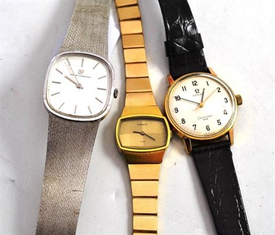 Lot 127 - A gentleman's Girard Perregaux wristwatch, gold plated and steel Omega wristwatch and a lady's...