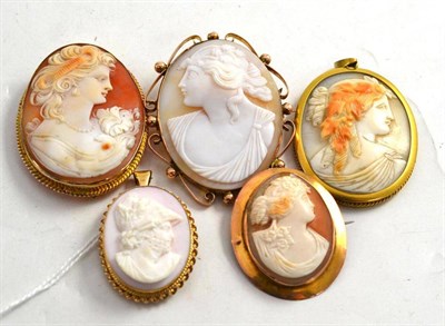 Lot 134 - Five cameo brooches, one possibly depicting Bacchus, one possibly Mars (one frame hallmarked...