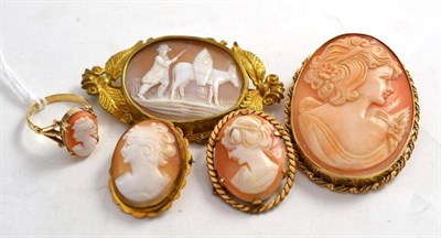 Lot 144 - Four cameo brooches and a cameo ring stamped '9CT'