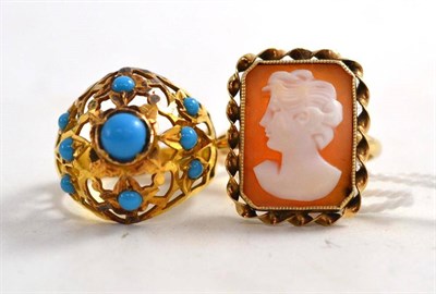 Lot 153 - An un-hallmarked turquoise ring and a cameo ring