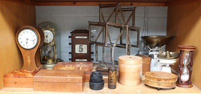 Lot 391 - An Art Deco Menu Holder, boxes, clocks, scales,...