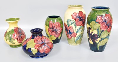 Lot 267 - Five Walter Moorcroft "Hibiscus" Pattern Vases,...