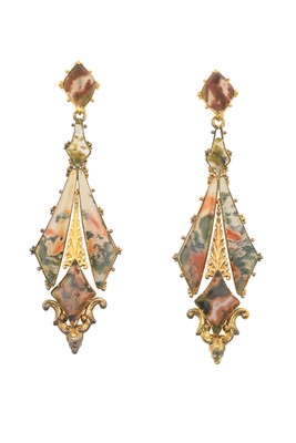 Lot 2074 - A Pair of Victorian Moss Agate Drop Earrings...