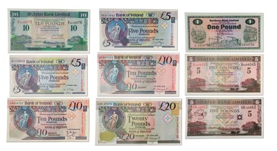 Lot 442 - 9x Northern Ireland, Banknotes, to include;...