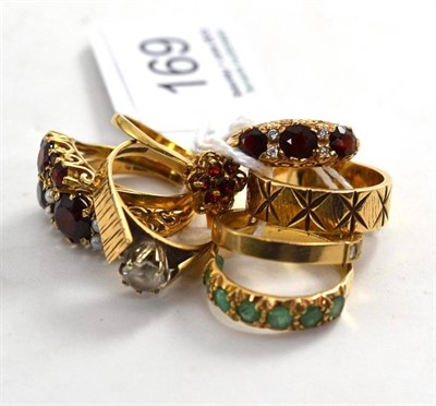 Lot 169 - Four garnet set rings stamped '375' and four other dress rings stamped '375' (8)