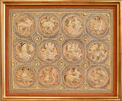 Lot 1077 - A Framed Bermese Kalaga, embroidered with...