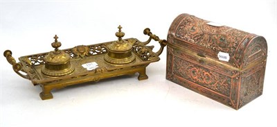 Lot 191 - A Victorian brass ink standish; a copper dome top stationery casket