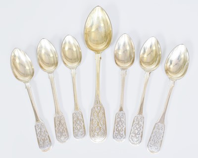 Lot 63 - A Set of Six Russian Silver-Gilt Teaspoons and...