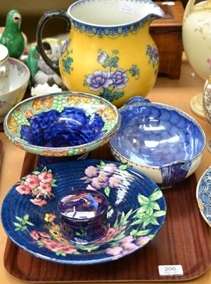 Lot 206 - Maling yellow and floral large jug, small Maling circular jar and cover and three Maling dishes...