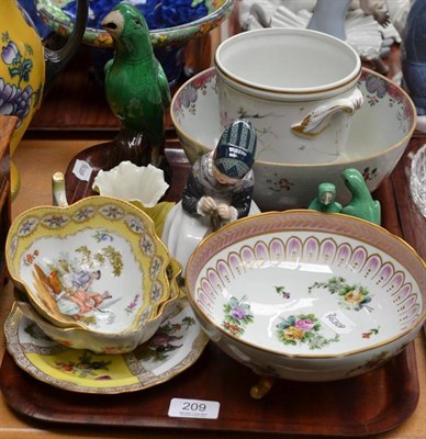 Lot 209 - Tray of assorted decorative ceramics, including a Lladro figure of a young girl sewing, two Dresden