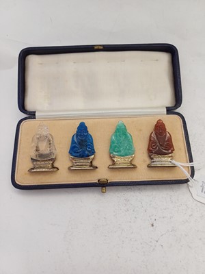 Lot A Cased Set of Continental Silver-Gilt Mounted Hardstone Place-Card Holders