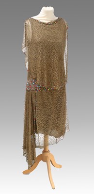 Lot 2119 - Circa 1920s Gold Lace Mounted Sleeveless Drop...