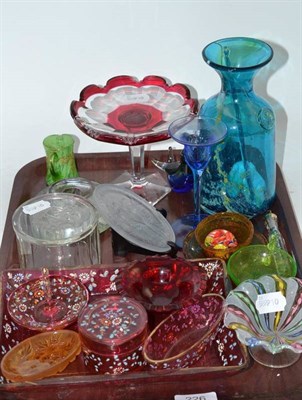 Lot 226 - A tray of decorative glass including a Baccarat candlestick, Venetian latticino dish, cranberry...