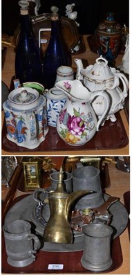 Lot 235 - Two blue coloured decanters, pewter ware, two ceramic teapots, cups and saucers, floral milk...