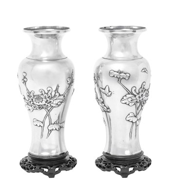 Lot A Pair of Chinese Export Silver Vases