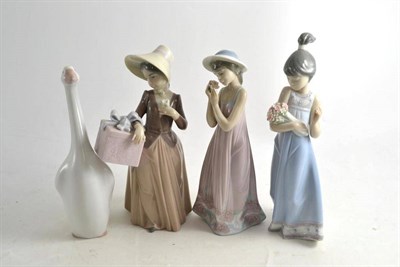 Lot 242 - Four Lladro figures, Spring token 10.05604, Muchacha Pamela mimosa No.5.646, Goose 010.08040,...