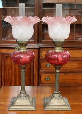 Lot 480 - A Pair of Small Reeded Column Brass Oil Lamps,...