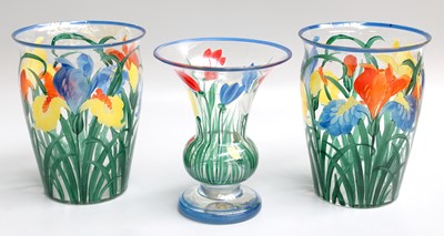Lot 180 - A Pair of Blue-Rimmed Glass Vases, handpainted...
